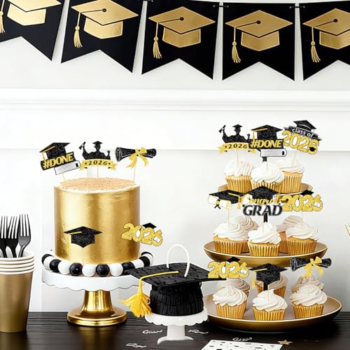 40Pcs Graduation Cupcake Toppers - Class of 2026 Black Gold