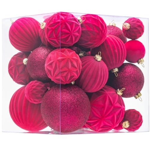 Fuchsia Pink Velvet Christmas Ornaments Set - 36pcs Shatterproof Xmas Decorations with 5 Styles & 3 Sizes