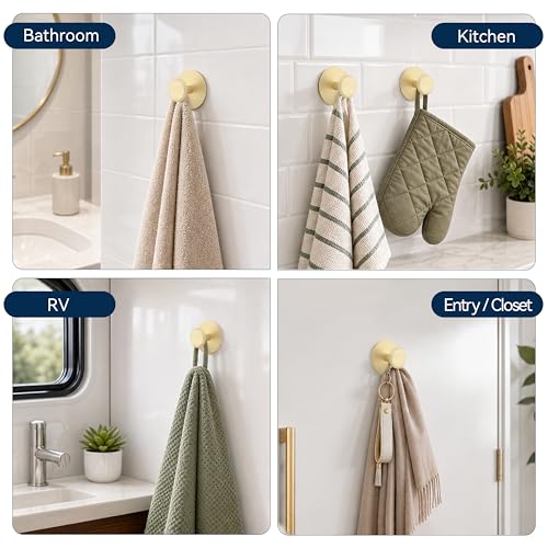 BVL Adhesive Towel Hooks, Brushed Gold Aluminum No-Drill Wall Hooks (4 Pack)