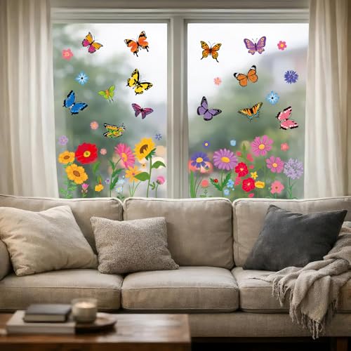 93-Piece Spring Window Clings - Colorful Flower & Butterfly Decals
