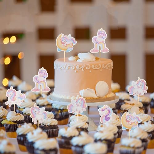 24Pcs Unicorn Cupcake Toppers - Rainbow Moon & Cloud Birthday Party Picks (Unicorn 2)