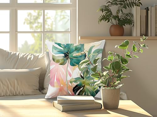 Tropical Monstera Leaf Throw Pillow Cover 18x18 - Boho Plant Design