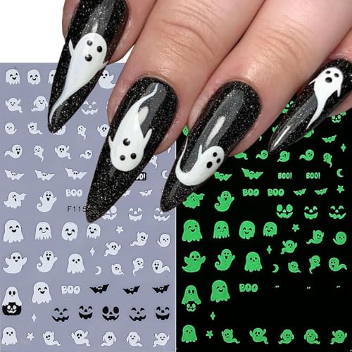 KAICCOSO 6pcs Glow in the Dark Halloween Nail Stickers Self-Adhesive Ghost Bat Nail Decals