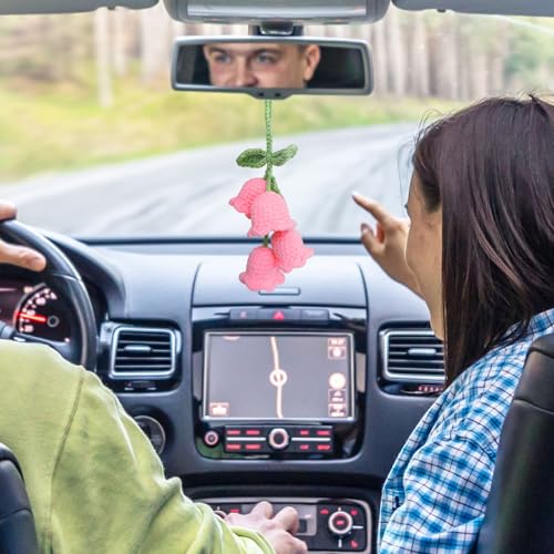 Zelaxeyi Handmade Crochet Pink Lily of the Valley Car Rearview Mirror Ornament