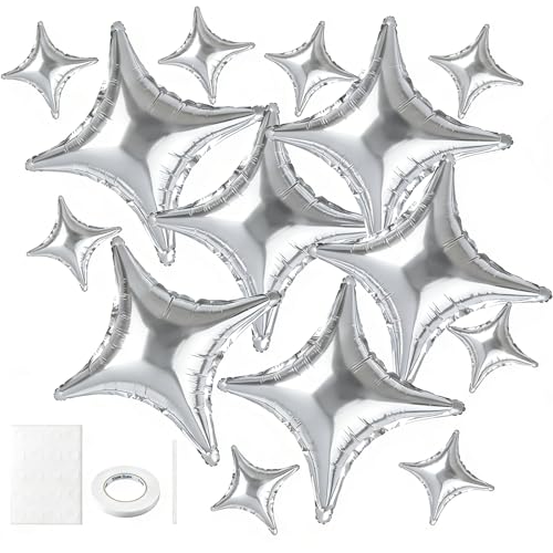 14-Pack Silver Star Foil Balloons - 26 & 10 Inch Party Decor
