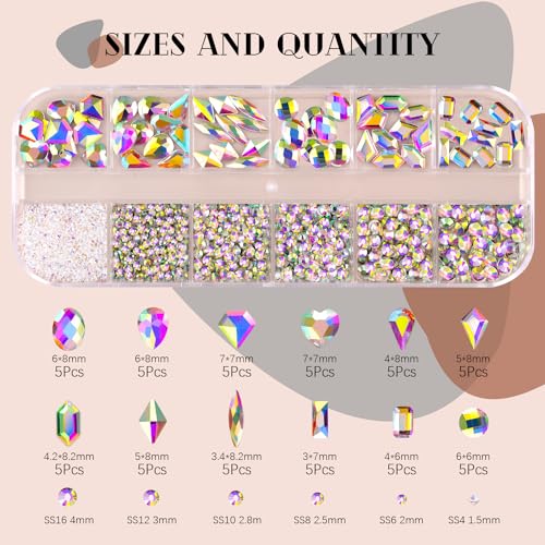 BELLEBOOST 2060 Pcs AB Glass Nail Rhinestones Kit with Multi Shapes and Round Crystals