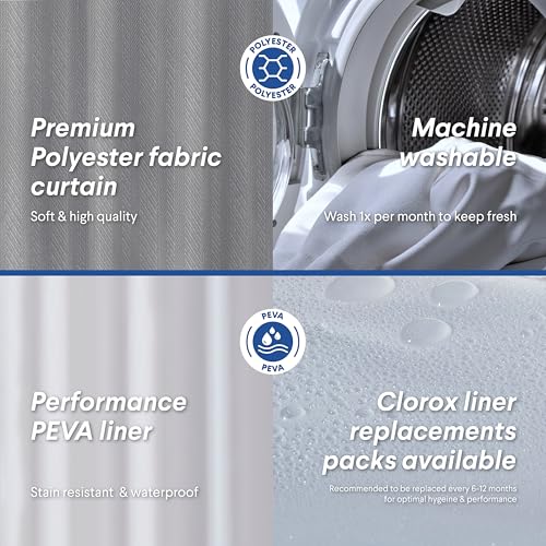 CLOROX Bathroom Shower Curtain with Waterproof Lightweight PEVA Liner Set, Standard Size for Bathroom, with Weighted Magnets and 12 Metal Hooks - 70" x 72" Grey