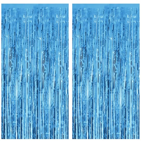 Sky Blue Foil Fringe Curtains 2-Pack - Tinsel Backdrop for Parties
