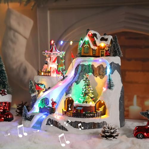 Christmas Village House Musical Skiing Mountains with LED Lights & USB