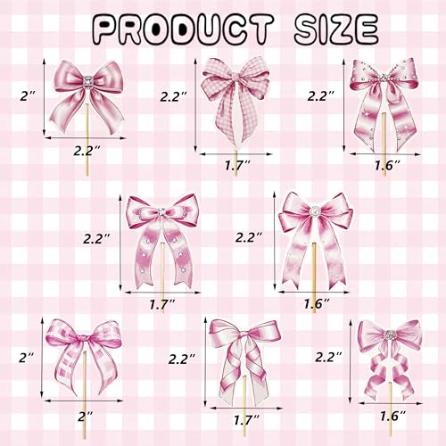 32PCS Pink Bow Cupcake Toppers for Birthday & Baby Showers