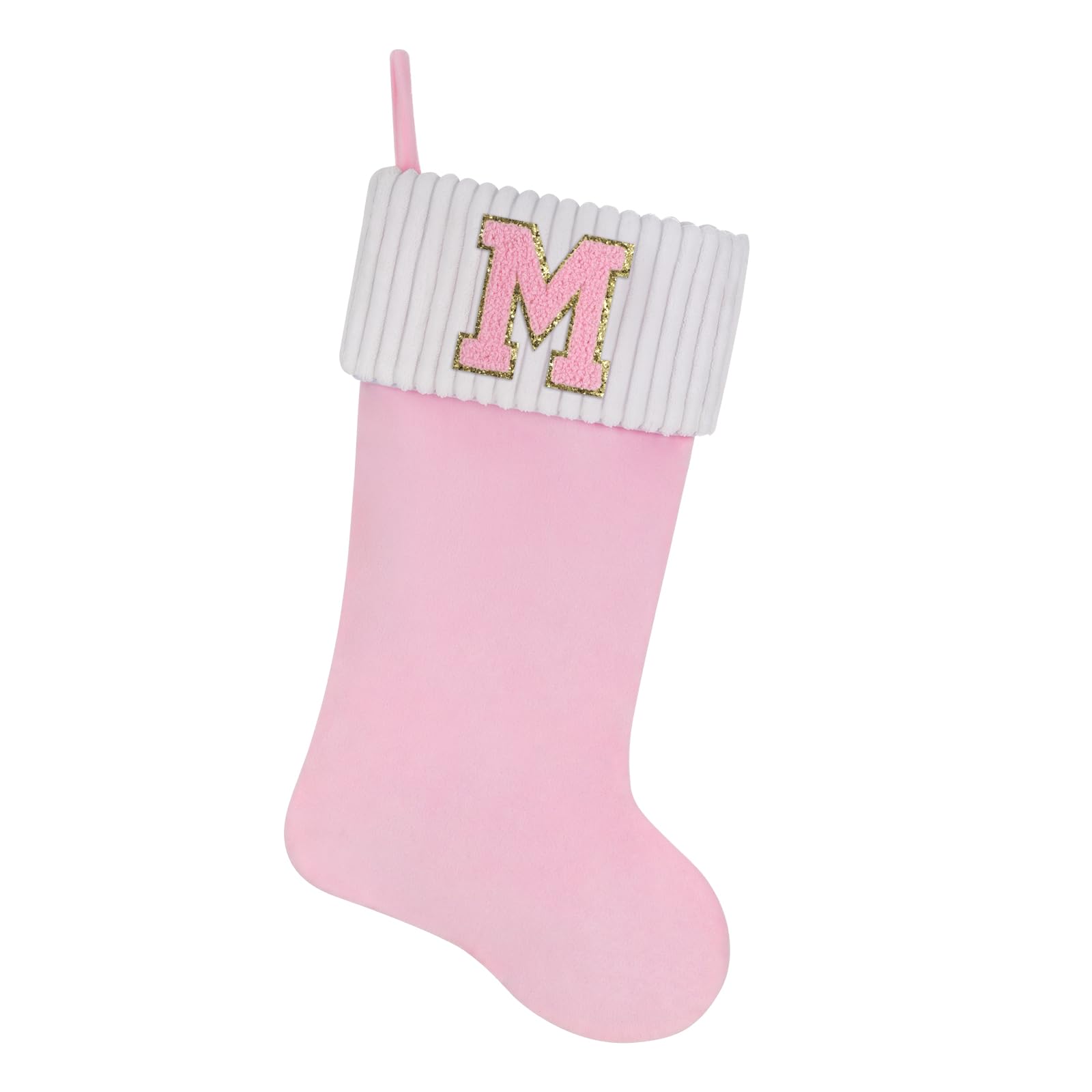 Shgngle 20 Inches Letter Embroidered Christmas Stocking,Personalized Pink Velvet Christmas Stocking,Family Holiday Decorations and Xmas Gift(M)