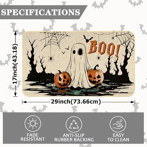 Halloween Doormat with Pumpkins & Ghosts - Non-Slip Rubber Backing, 17x29 Inch