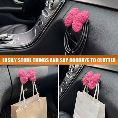 QEUOBUE 2PCS Mini Car Hooks Self-Adhesive Bow-Knot Storage Hangers Pink