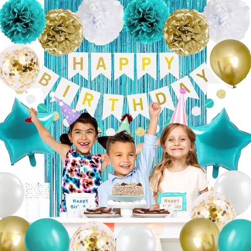 Teal and Gold Birthday Party Decoration Kit with Banner, Balloons, and Fringe