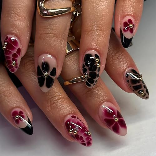 KTAABTR Short Press on Nails Almond Floral Leopard Fake Nails Set 24 Pcs