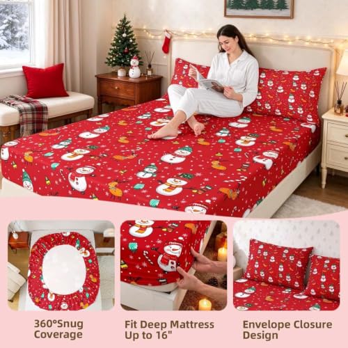 Christmas Snowman and Deer Bed Sheet Set - Queen, Multi 32 / Queen, Kids & Teens Holiday Bedding