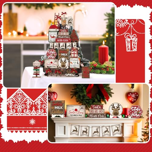Christmas Tiered Tray Decorations Set with Stand - Red & Winter Theme