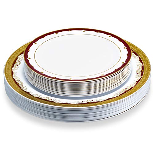 Laura Stein Vintage Burgundy Gold Rim Disposable Plastic Plates 64 Pack - Combo of 2 Sets