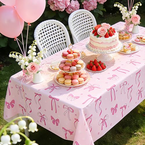 3 Pack Pink Bow Tablecloths - Waterproof Disposable Covers for Parties