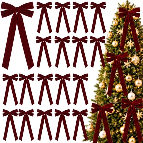 20 Pack Burgundy Velvet Christmas Bows with Long Tails - Holiday Tree Decorations