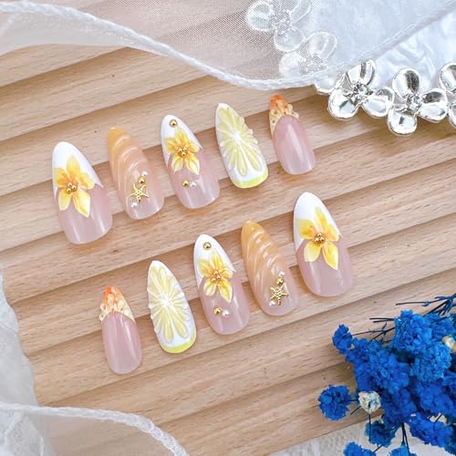 French Tip Press on Nails Medium Almond Fake Nails 3D Flower Lemon Design