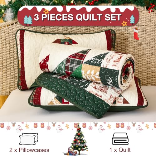 Dobuyly Patchwork Christmas Queen Quilt Set with Tree Farmhouse Design - Queen, Christmas Tree