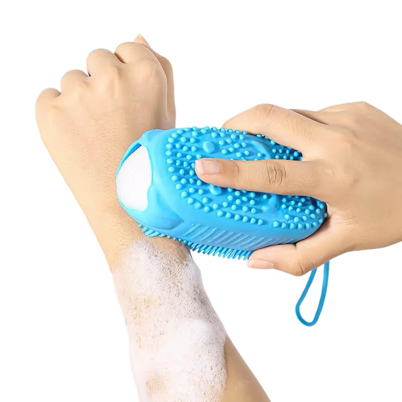 Silicone Body Scrubber & Exfoliating Shower Sponge with Soap Holder Blue