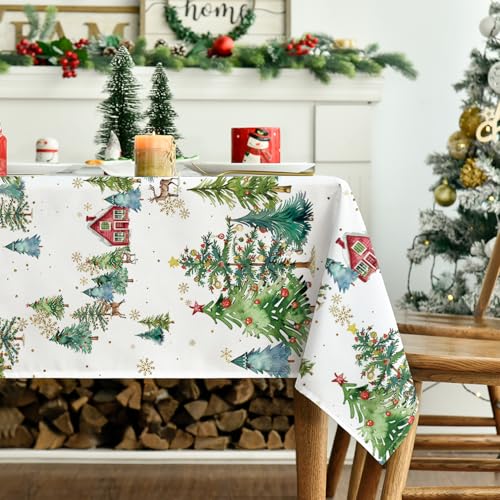 Christmas Tablecloth 60 x 84 Inch Rectangular Red House Deer Green Variation