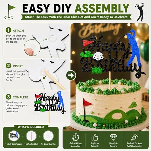 Golf-Themed Happy Birthday Cake Topper with Glitter Cardstock