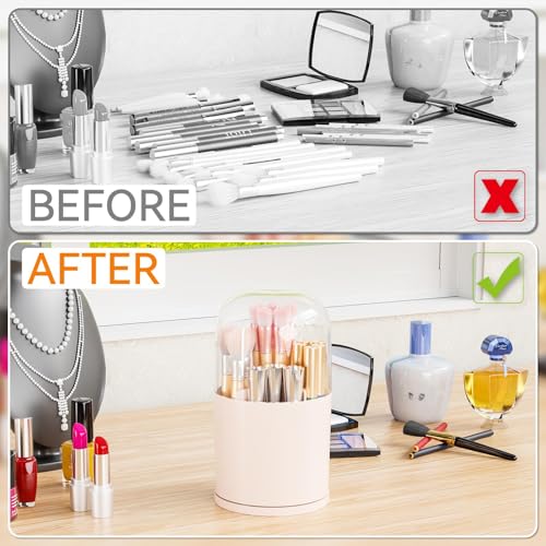 Yieach Rotating Makeup Brush Holder with Lid - 6-Compartment Pink Organizer