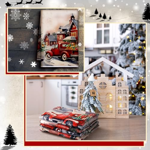 Christmas Kitchen Towels Red Truck Winter Decor - 6 Pcs with Variation Warm/Truck