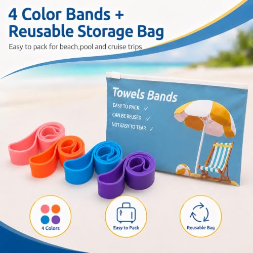 Silicone Towel Bands for Beach & Pool Chairs - 4 Pack
