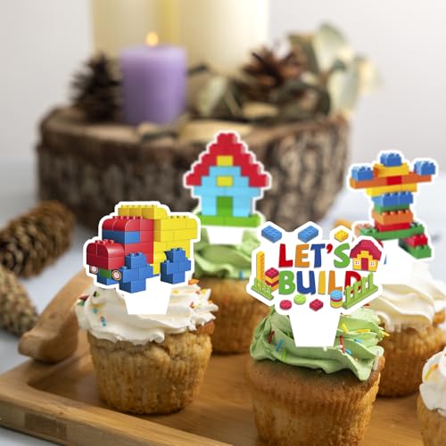 Building Block Cupcake Toppers - 24-Piece Brick Themed Party Decorations