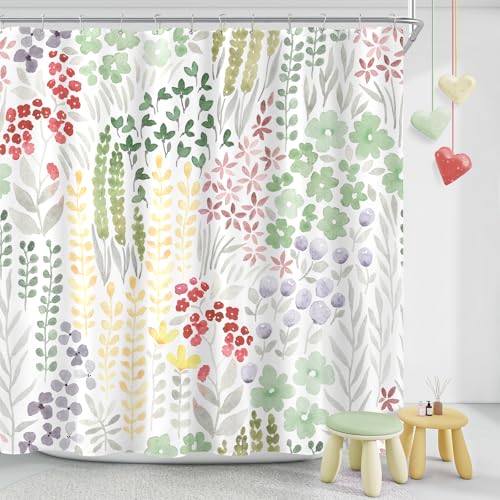 MAYZUS Sage Green Floral Shower Curtain, Boho Wildflower Fabric 60"x72"