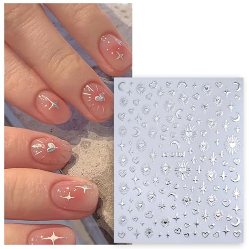 Star Moon Sun 3D Nail Art Stickers Decals Gold Silver 6 Sheets