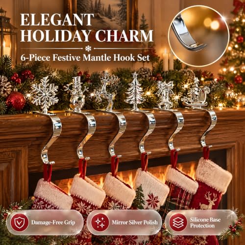 6 Pack Christmas Stocking Holders for Mantle - Iron Metal Hooks with Anti-Slip Pads