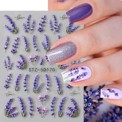ZOAZJINAZ Ladybug & Floral Nail Stickers 3 Sheets - Embossed Spring Floral Nail Decals