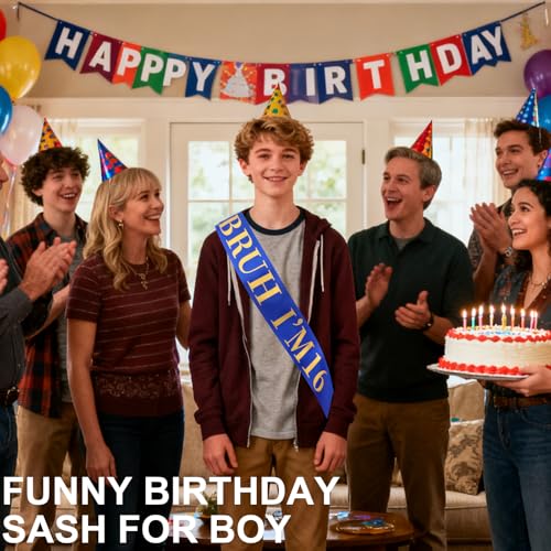 16th Birthday Sash - BRUH I'M 16 - Blue Satin Fun Party Decor