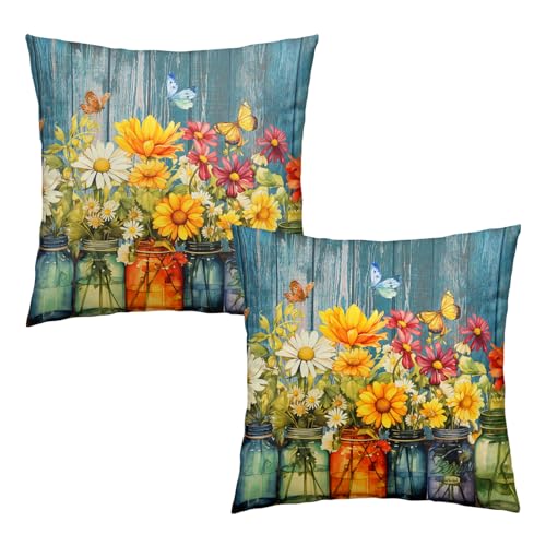 Daisy Floral Pillow Covers 18x18, Set of 2 - Rustic Spring Decor