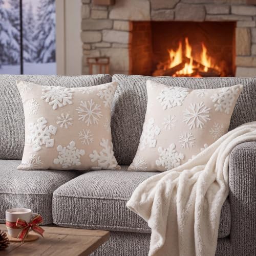 Christmas Snowflake Pillow Covers 18x18 Inches Set of 2 - White Cotton Canvas Holiday Decor
