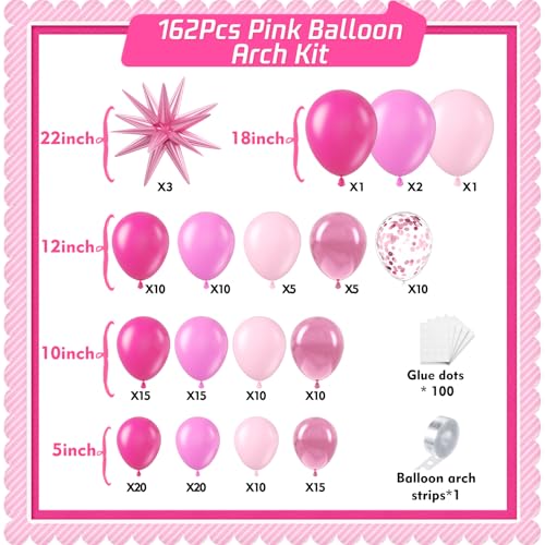 Pink Balloon Arch Kit 162pcs for Party Decorations - Hot Pink & Confetti Balloons