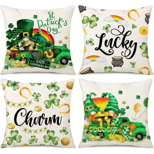 St. Patrick's Day Pillow Covers Set of 4 - Shamrock Gnome Design