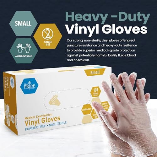 MED PRIDE Small Clear Vinyl Examination Gloves - 100 Count, Latex-Free
