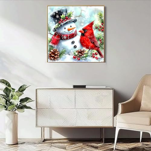 Cardinal & Snowman 5D Diamond Painting Kit for Adults 14x14 Inch Winter Craft