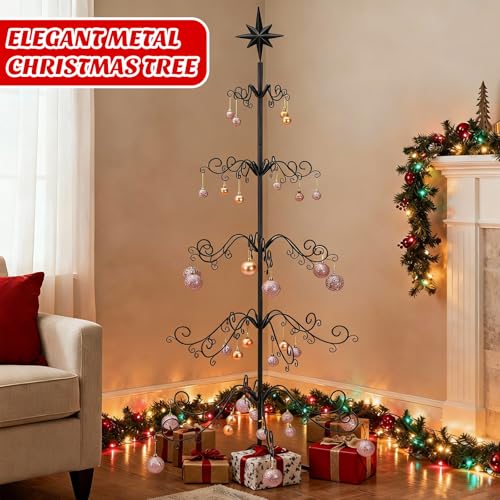 6ft Wrought Iron Christmas Tree Ornament Stand Black Scroll Green - Space Saving Holiday Decor