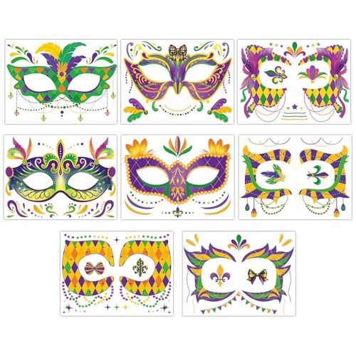 Mardi Gras Face Tattoos - 8 Sheets New Orleans Carnival Party Stickers