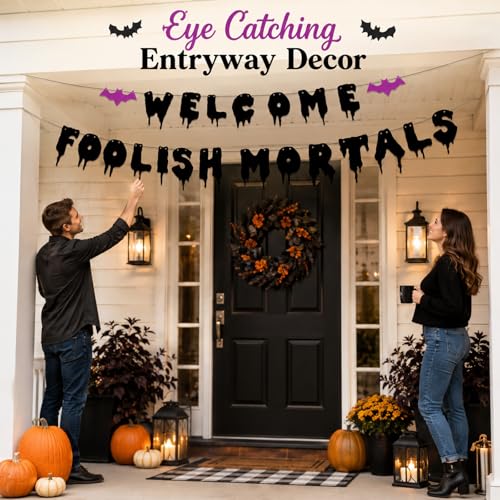 Welcome Foolish Mortals Halloween Banner Glitter Gothic Mansion Decor