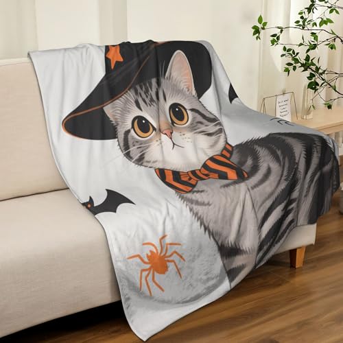 Witch Cat Halloween Throw Blanket, Soft Flannel Fleece, 40x50 Inch