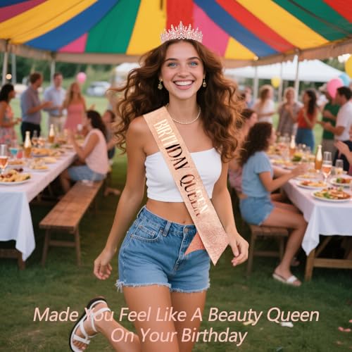 TOBATOBA Birthday Queen Sash and Rose Gold Rhinestone Tiara Set