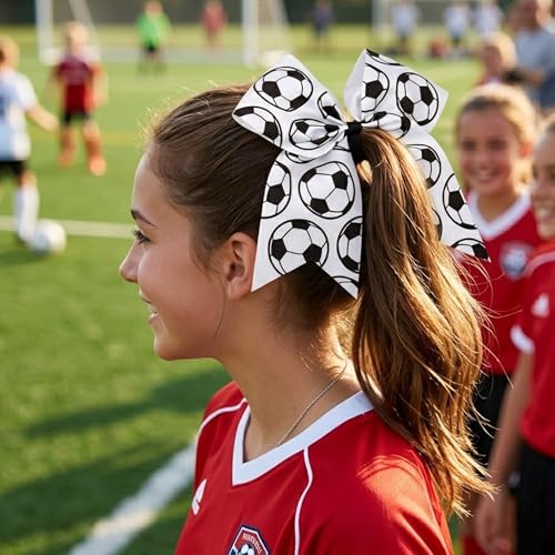 JazSwirl Soccer Hair Bow with Ponytail Holder, Black and White Grosgrain Ribbon